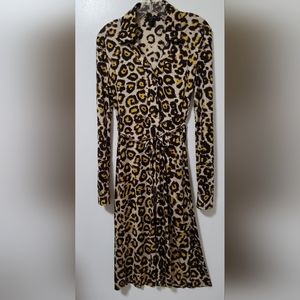 New Pink Tartan Leopard Print Long Sleeve Belted Silk Jersey Midi Dress Small